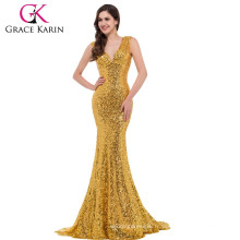 Grace Karin Sexy Mature Ladies Deep V-Neck brillant en or de lentilles Formal Long Sirma Robe de soirée CL6052-1